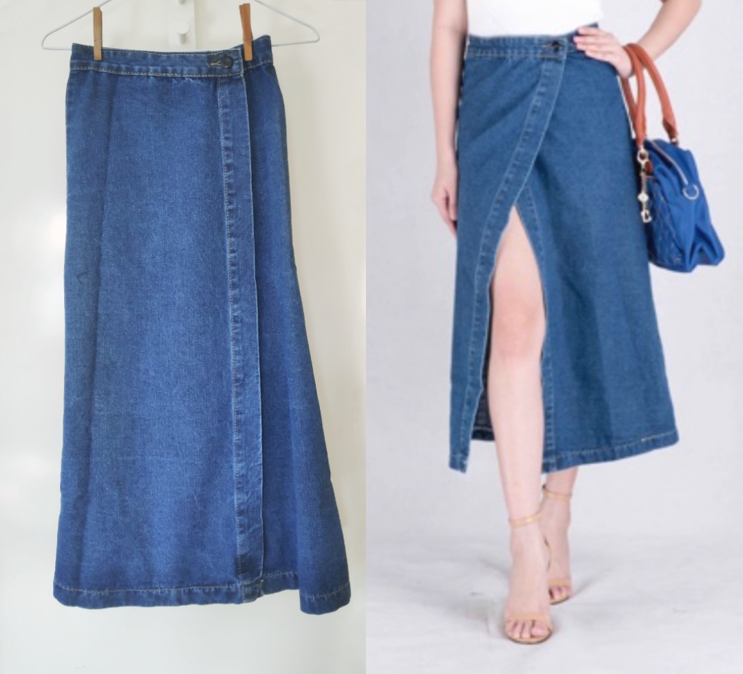 (Repriced!) Denim Wrap Midi Skirt from Thailand, Women's Fashion