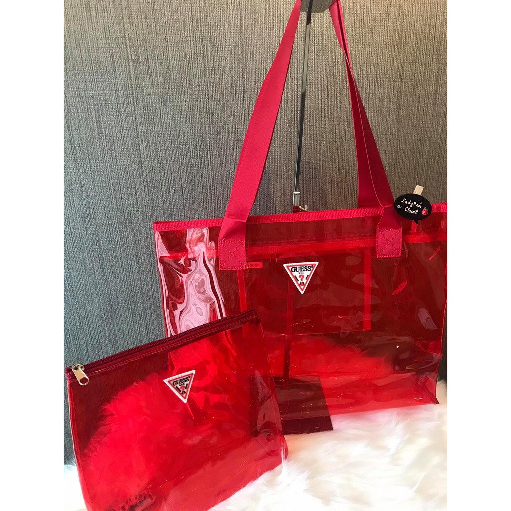 Guess Red Vinyl Tote and Pouch Bag