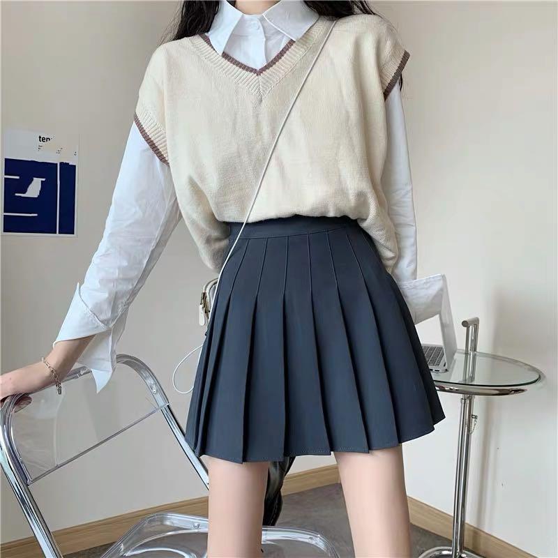 instock Ulzzang grey high waist skirt tennis skirt Korean pleated skirt