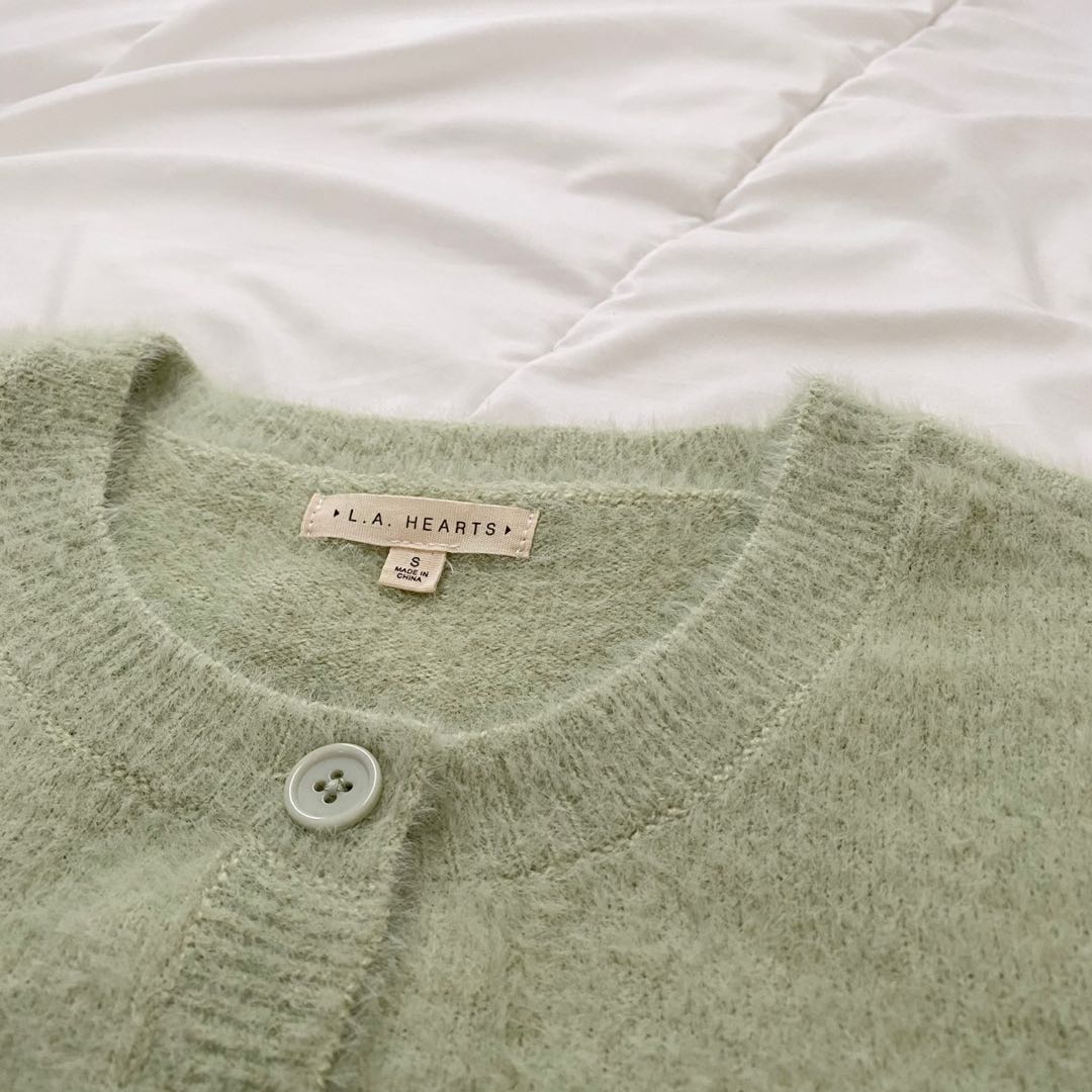 la hearts fuzzy cardigan button up top in mint green Women s