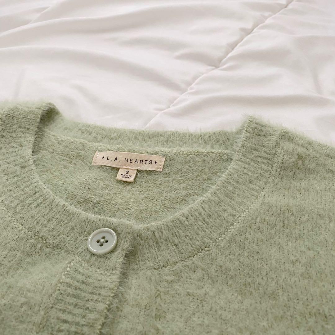 la hearts fuzzy cardigan button up top in mint green Women s