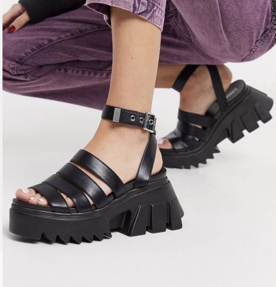 black leather chunky sandals