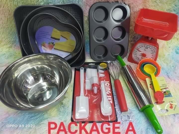 PRE ORDER BAKING SET (Category: Bakeware) located in Pasig City. Submitted by meanntamayo (Listing ID 1072191709, Image 1). Description: PRE-ORDER (rd) BAKING STARTER KIT Package A 3pcs cake mould (3shape) 1pc 24cm stainless mixing bowl 1pcs by6 cupcake pan 1pc kitchen scale 1pc stainless.rolling pin 1pc icing set 1pc wire whisk 1pc measuring cups 💸1,450/set.