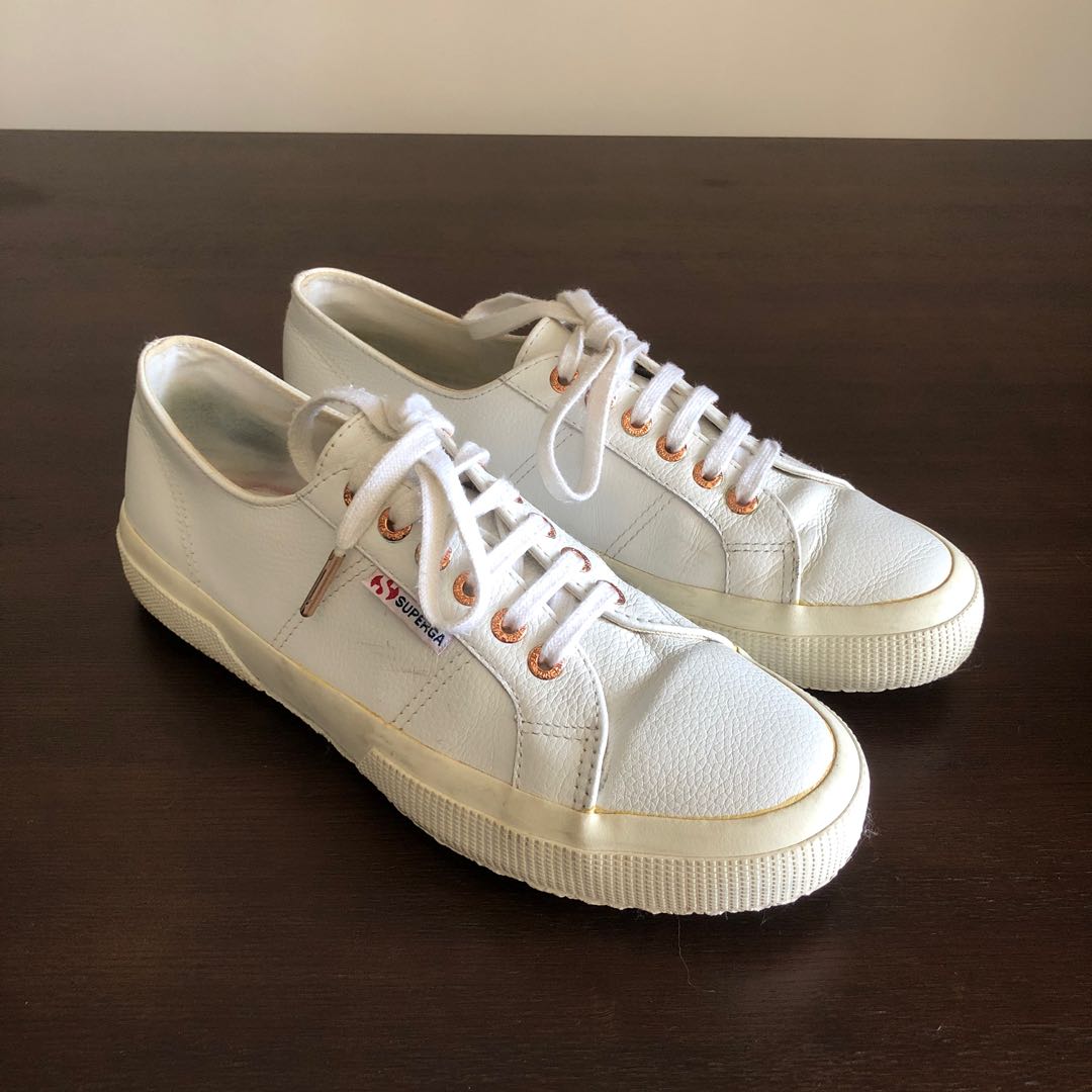 Superga White Leather Sneakers with Rose Gold Eyelets Women s