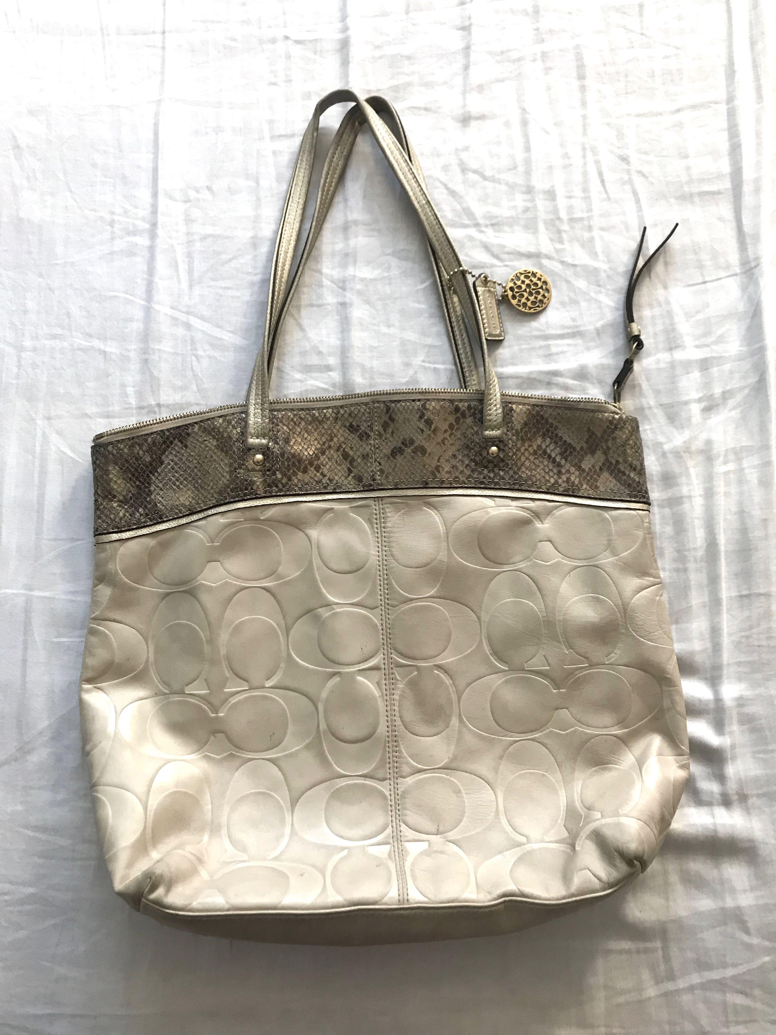 Coach Beige and Gold Snakeskin Leather Tote Bag with Zipper