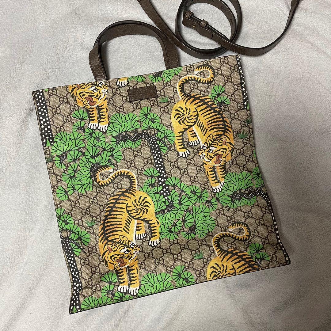 Gucci GG Supreme Logo Bengal Tiger Canvass Leather Tote Bag