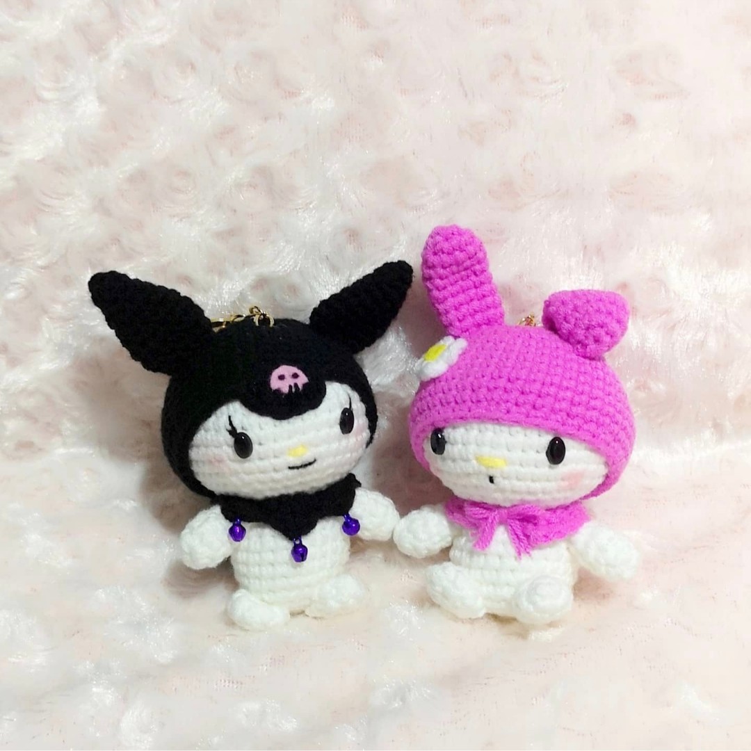 Crochet Kuromi & My Melody amigurumi keychain/bag charm, Hobbies & Toys