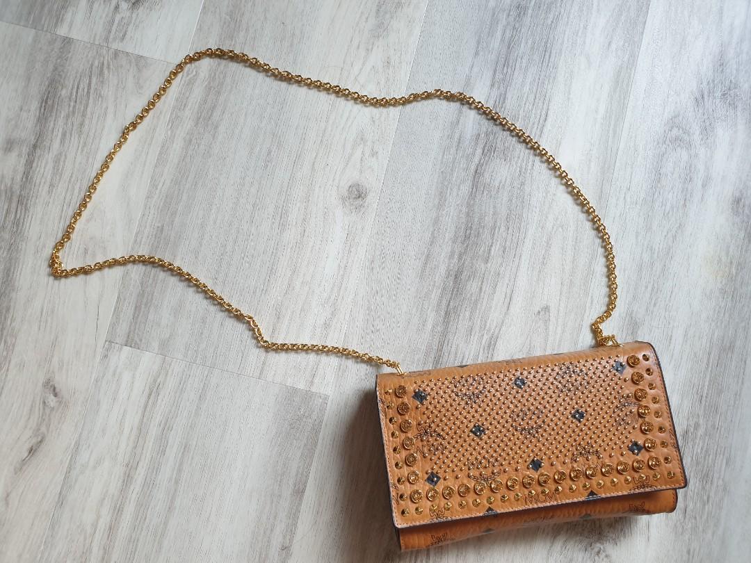 MCM Crystal Studs Gold Chain Sling Bag Crossbody Clutch Women s