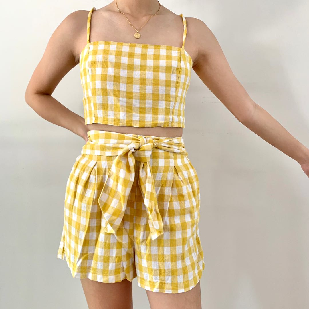 Bershka yellow gingham coordinates/terno, Women's Fashion, Dresses