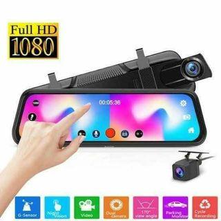 QCY V20PRO 10 Inch Mirror Dash Cam Full Touch Screen,  Backup Camera Stream Media, 1080P 170° Front and 1080P 150° Wide Angle Full HD Rear View Camera with G-Sensor, Night Vision