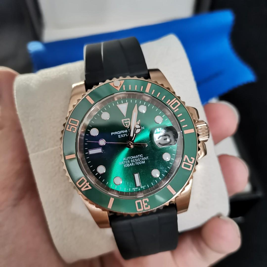 Brand new Original Pagani Design automatic movement rose gold green bazel dial rubber strap watch PD 1661
