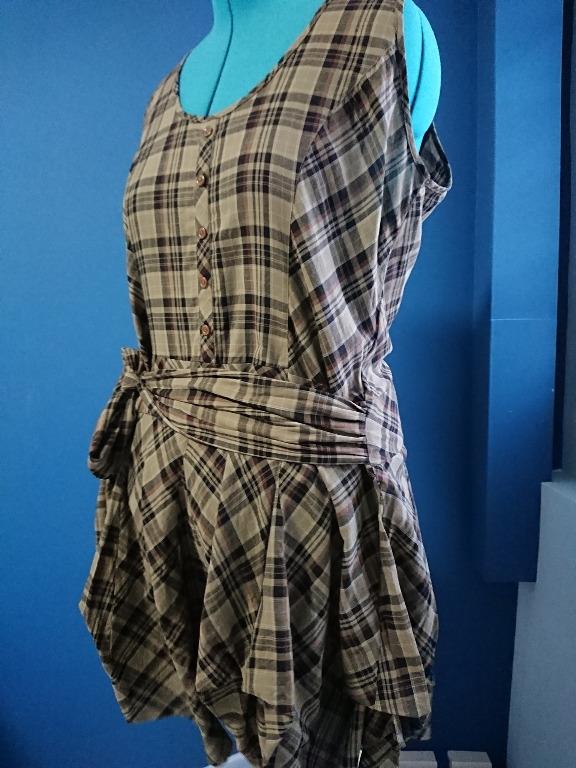Dorothy Perkins Gray Olive Green Black Checkered Plait Sleeveless Front Button Up Scalloped Dress with broad ribbon tie up waist line Women s Fashion Tops Sleeveless on Carousell