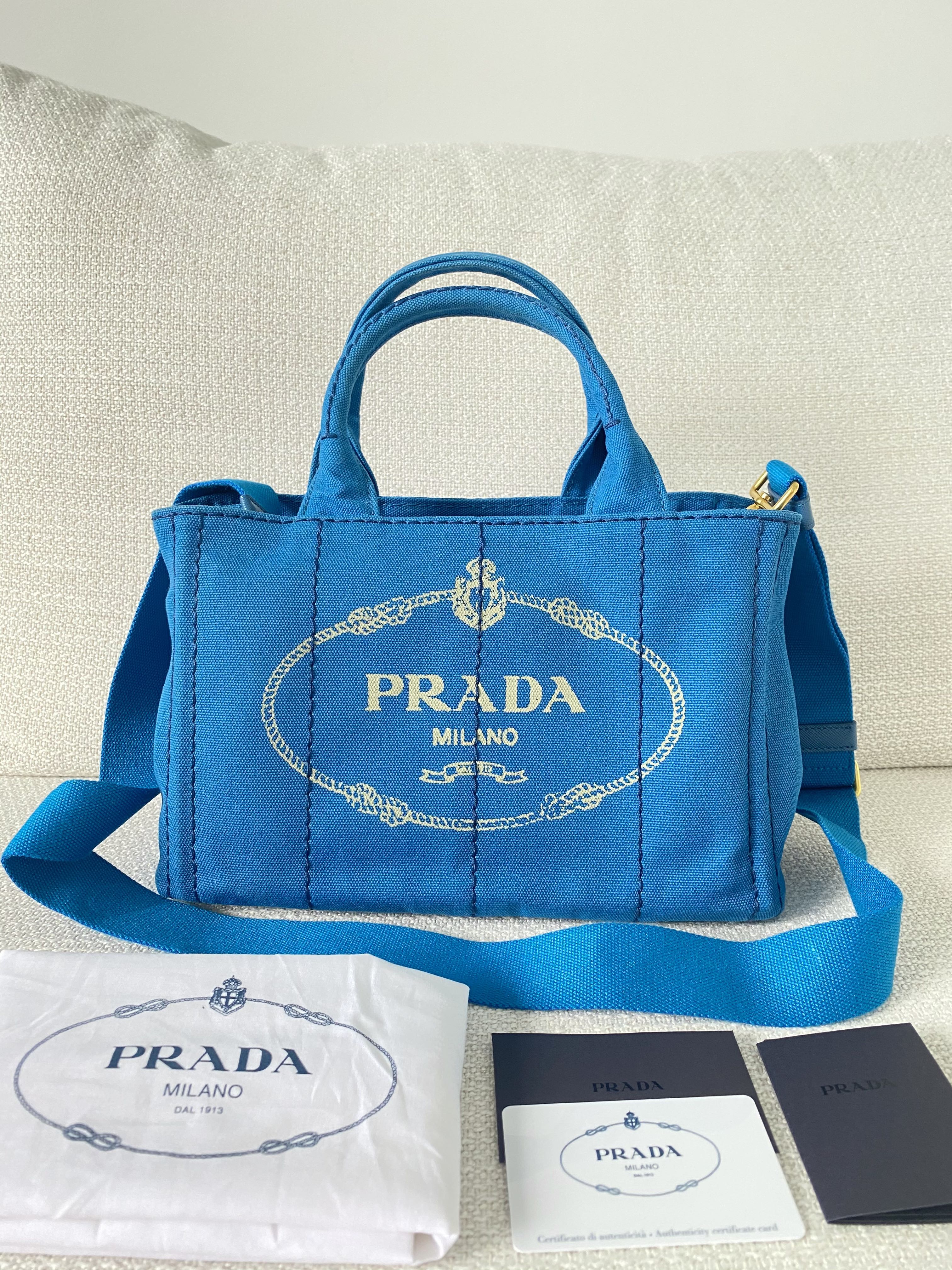 PRADA Blue Canapa Canvas Tote Bag 100 