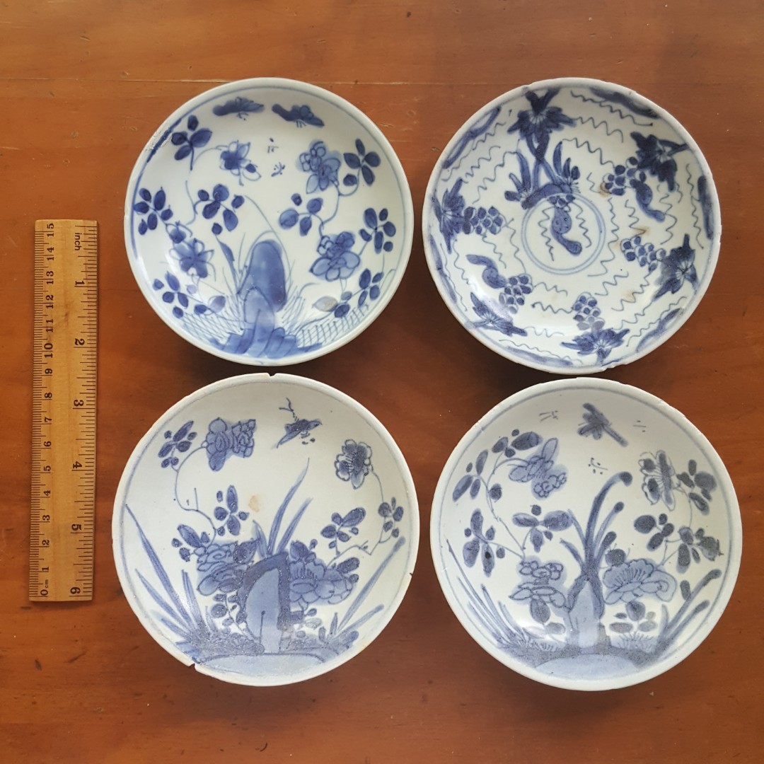 Sold! 4pc Antique Chinese Saucers Kangxi Qing Dynasty Shipwreck Plate