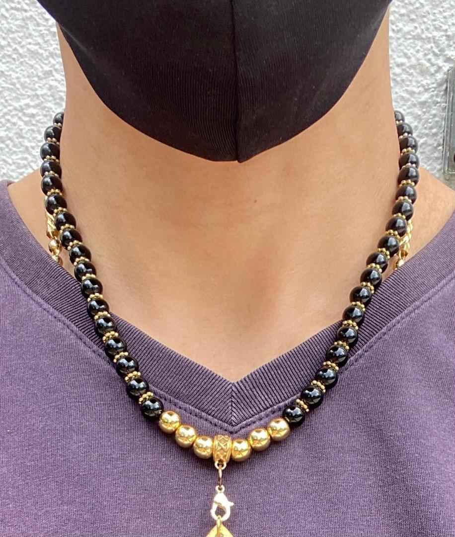 Amulet Black Natural GemStone w premium Gold bead 18k gold hook