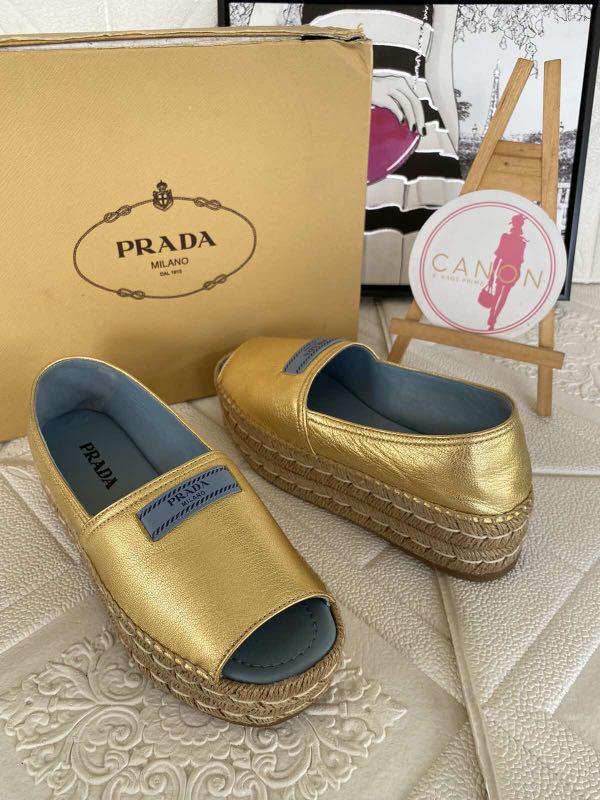 Prada Metallic Gold Leather Open Toe Platform Espadrille Size 37