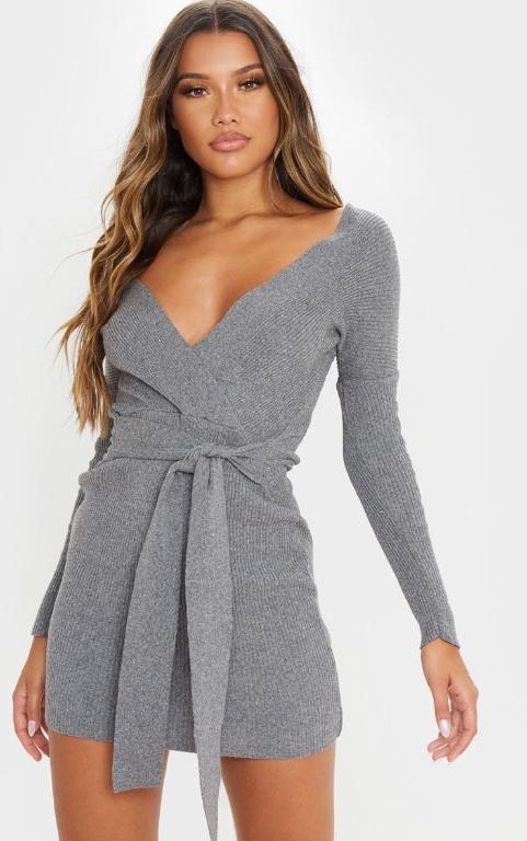 Grey Wrap Front Rib Knit Belted Dress ...