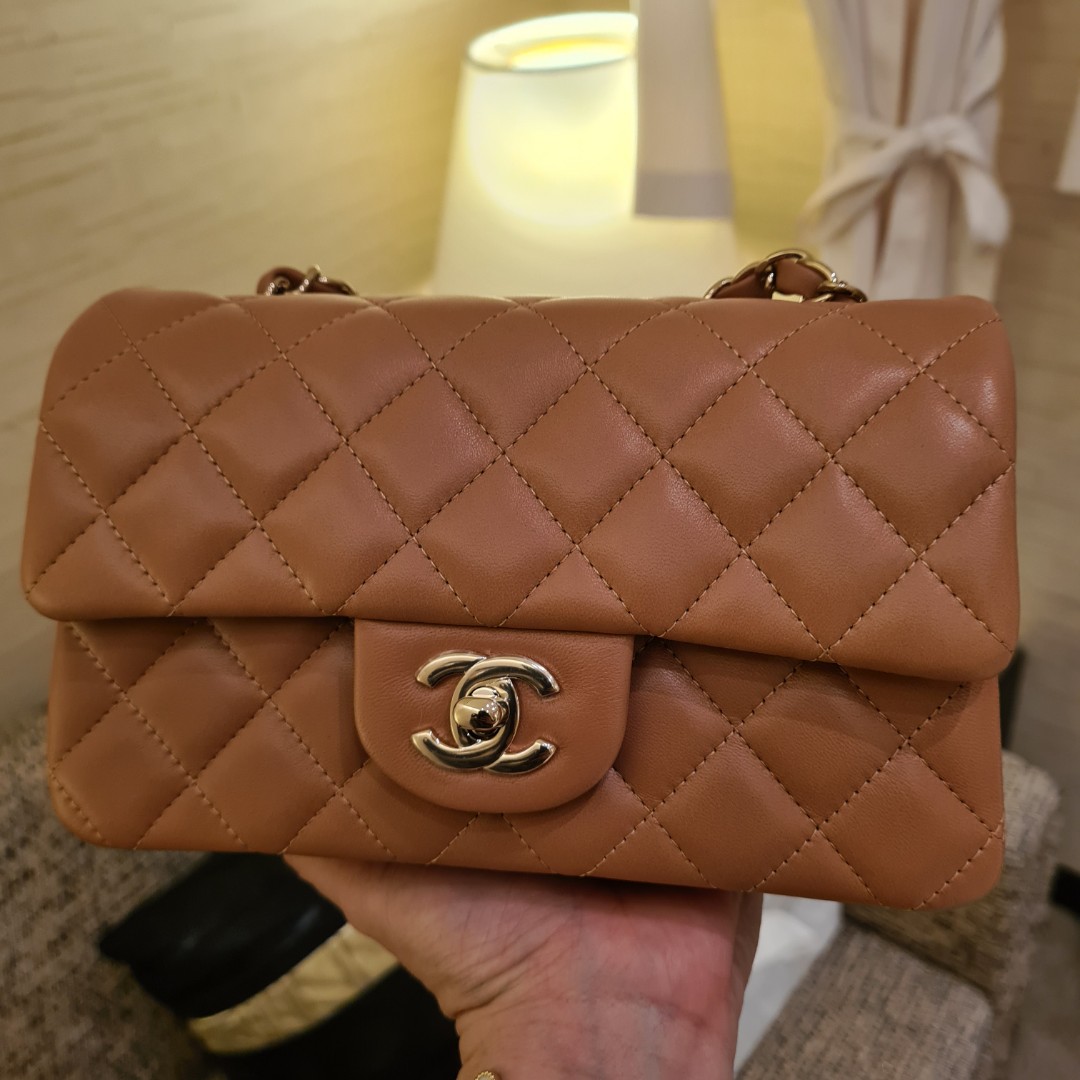Chanel 21p Caramel Brown mini rectangular flap bag LGHW, Luxury