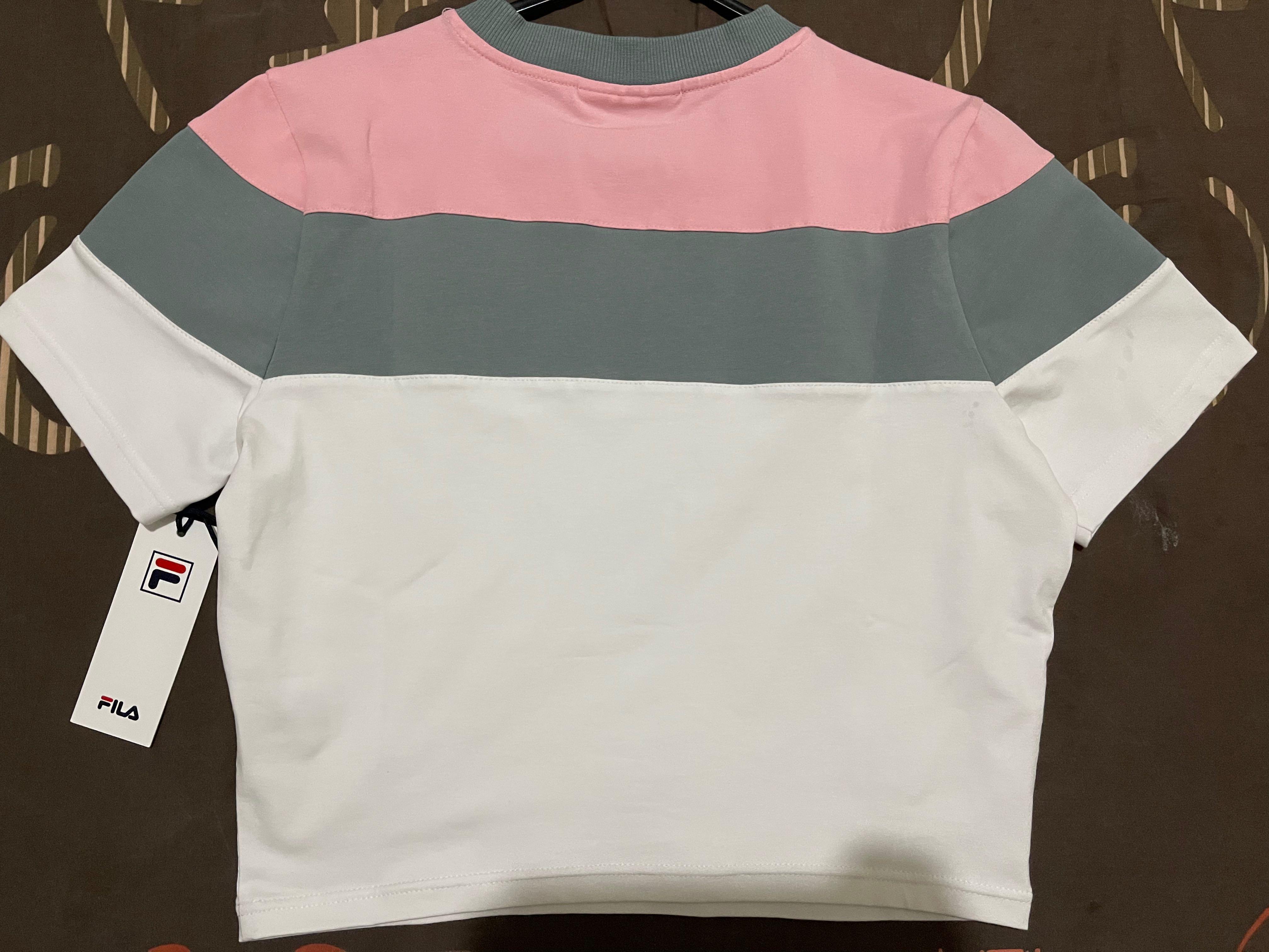 FILA New Original Maya White Colour Block Crop T Shirt Pink and Grey