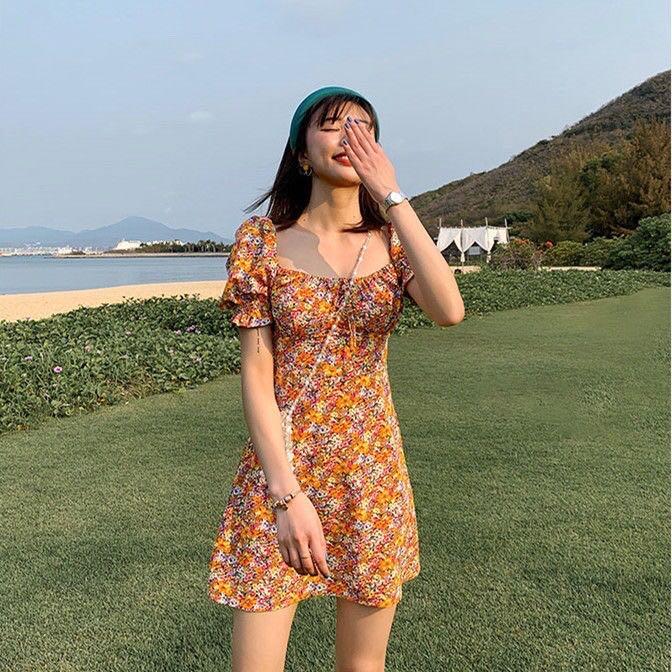 Floral orange Korean style puff sleeve dress
