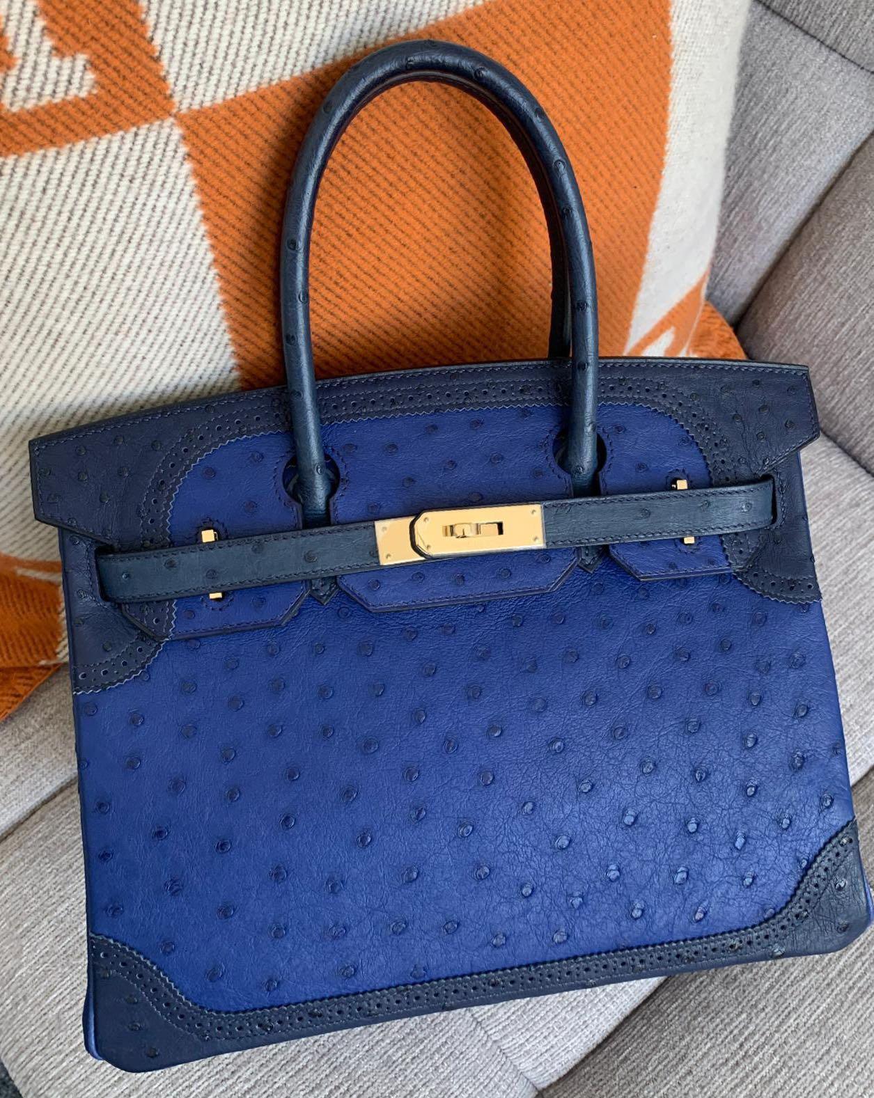 🤩Limited Edition🤩 Hermes Birkin 30 TriColor Bleu Sapphire/Bleu Iris Bleu  de OSTRICH GHILLIES in PHW, Luxury, Bags & Wallets on Carousell