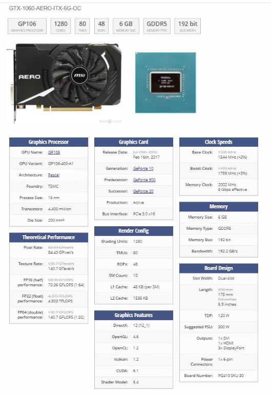 MSI GeForce GTX 1060 AERO ITX 6G OC