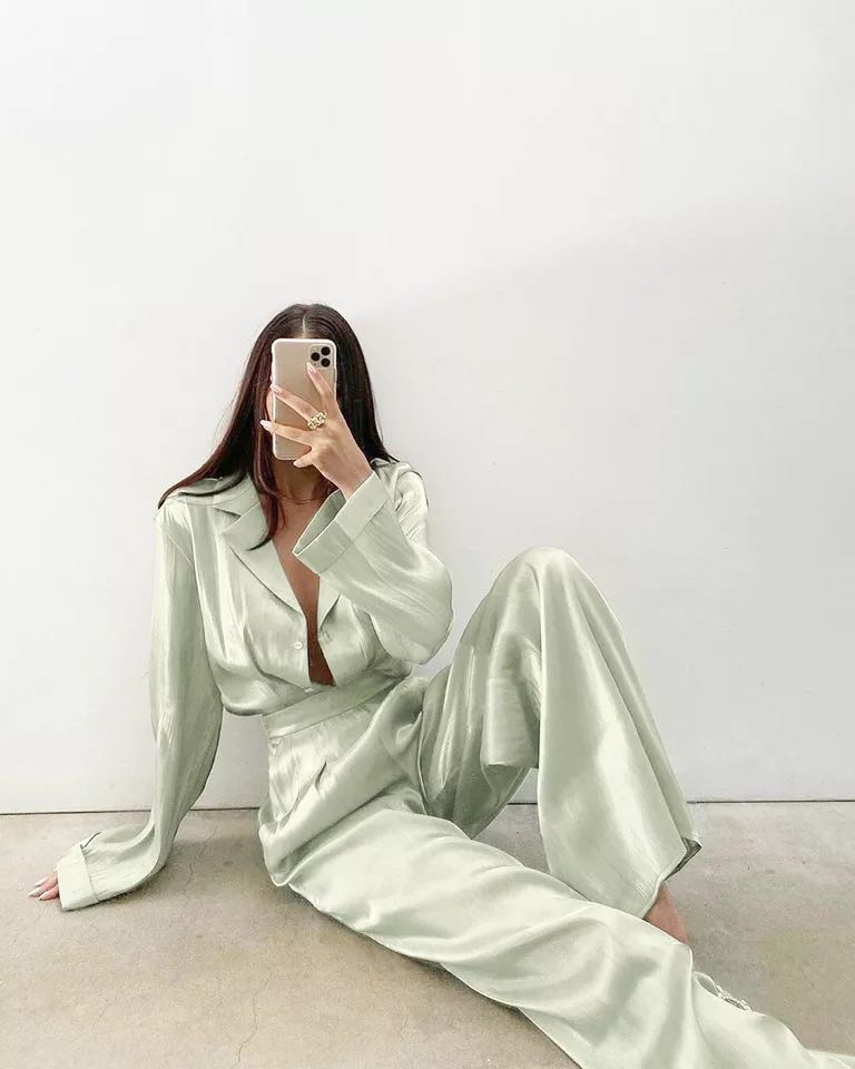Silk satin mint green Pyjamas fashion set, Women's Fashion, Dresses u0026 Sets,  Rompers on Carousell