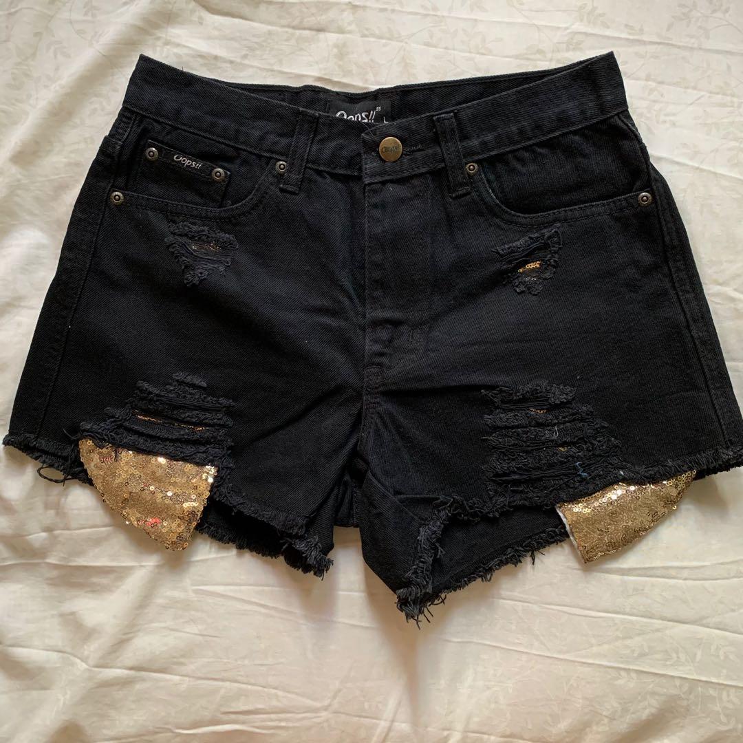 Black Denim Shorts with Glitter Pockets