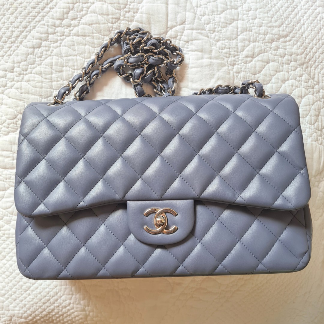 Chanel Jumbo Classic Flap Bag Lavender Gray Blue Lambskin, Luxury, Bags &  Wallets on Carousell