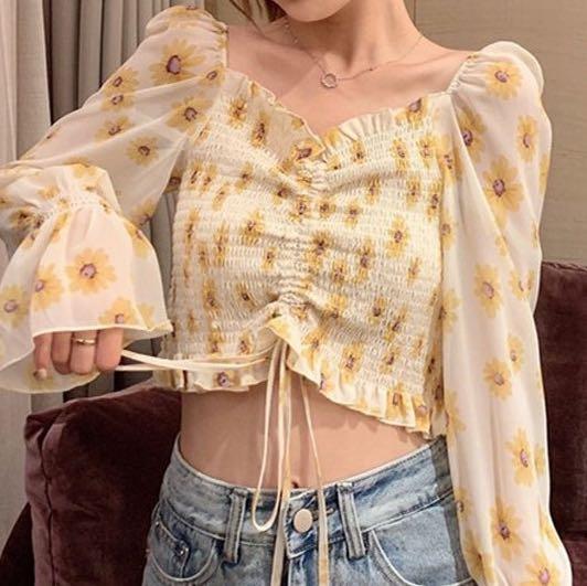 Women Korean Tops Square Neck Blouses Chiffon Top Puff Sleeve croptop  Drawstring shirt