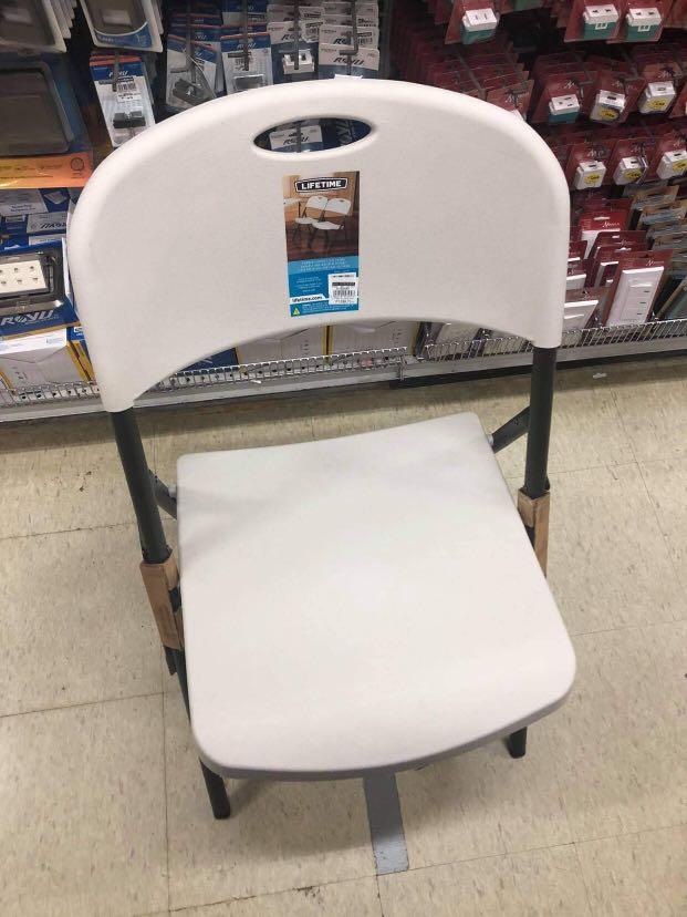LIFETIME Almond Folding Chair (White) (Category: Chairs) located in Makati City. Submitted by beckyscart (Listing ID 1068003420, Image 1). Description: Bought at Ace Hardware SM Megamall last September 2020 (see first photo - actual day I bought it 😊) Retail price: 1399php No issues but needs a little cleaning 😅 The lines on the backrest were already there when I bought it This isn’t cushioned but it’s actually comfy to sit on since the design 