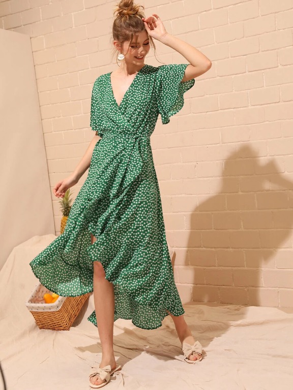 SHEIN GREEN FLORAL RUFFLE WRAP DRESS ...