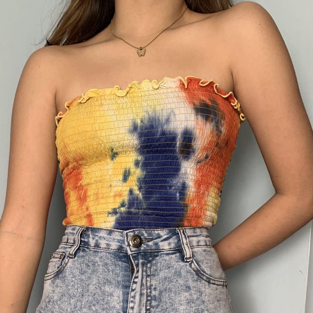 Smocked Tie-Die Tube Top (Category: Sleeveless) located in Paranaque City. Submitted by emmasclothes (Listing ID 1068060641, Image 1). Description: never used :) the material is surprisingly comfortable and the colors are very bold!.