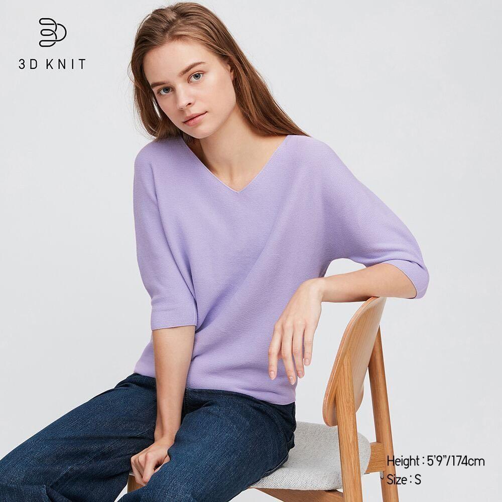 Uniqlo Women 3d Cotton Knit V Neck Puff Half Sleeve Sweater Women S Fashion Tops Longsleeves On Carousell