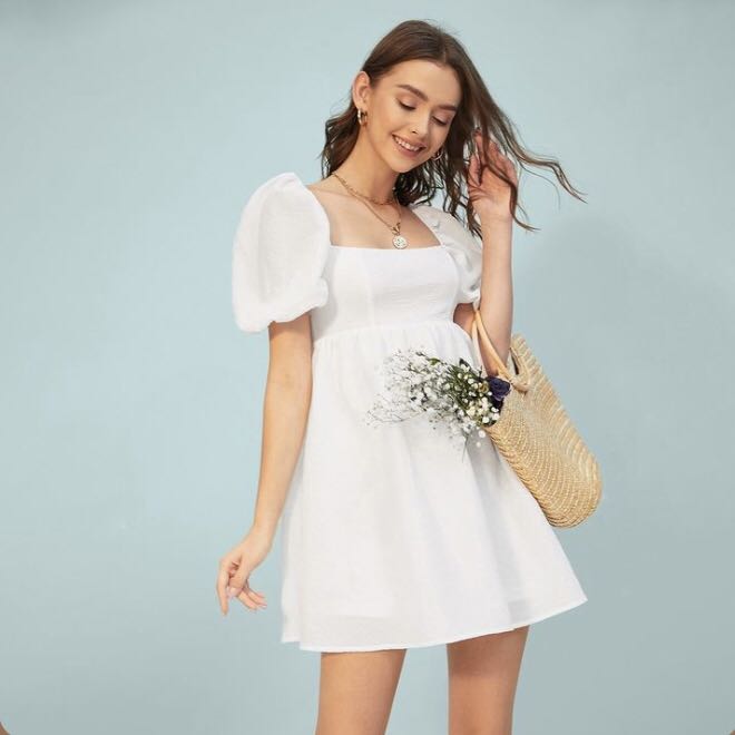 White Square Neck Puff Sleeve Dress Women s Fashion Dresses
