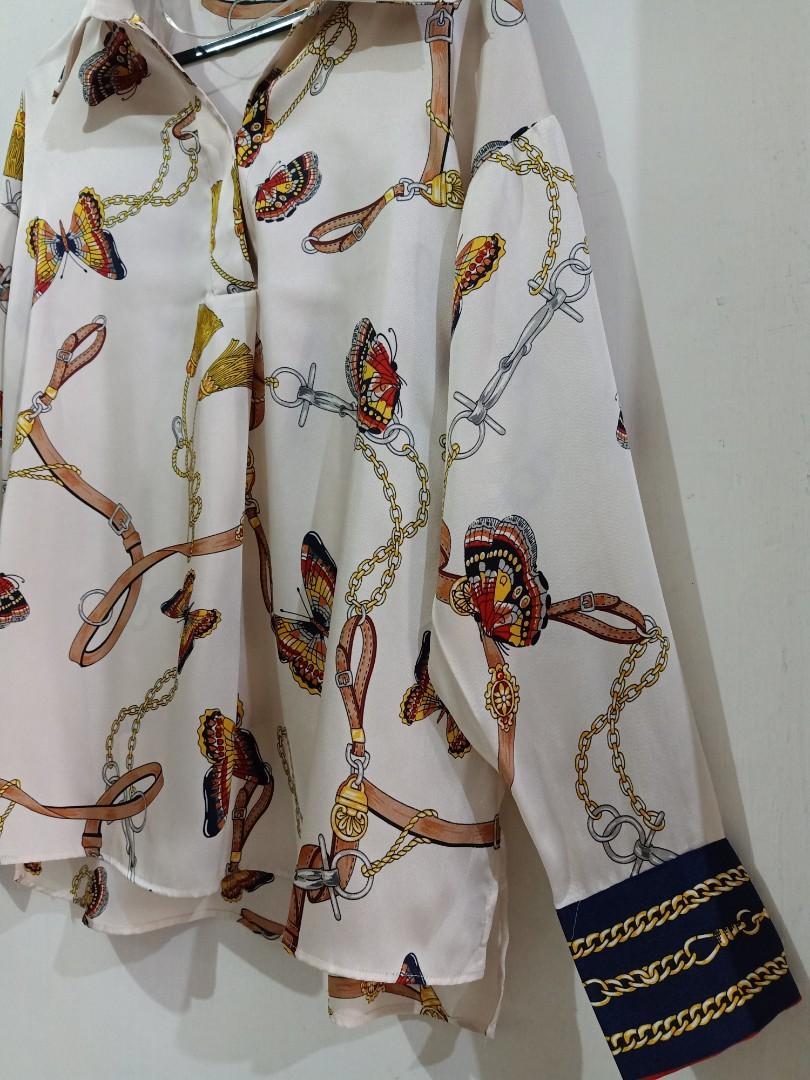 ZARA silk chain print shirt, Fesyen 
