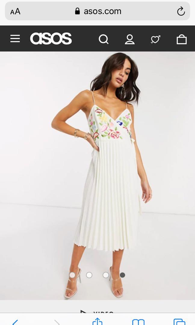 BN ASOS DESIGN embroidered pleated cami wrap midi dress in cream Women s Fashion Tops Sleeveless on Carousell