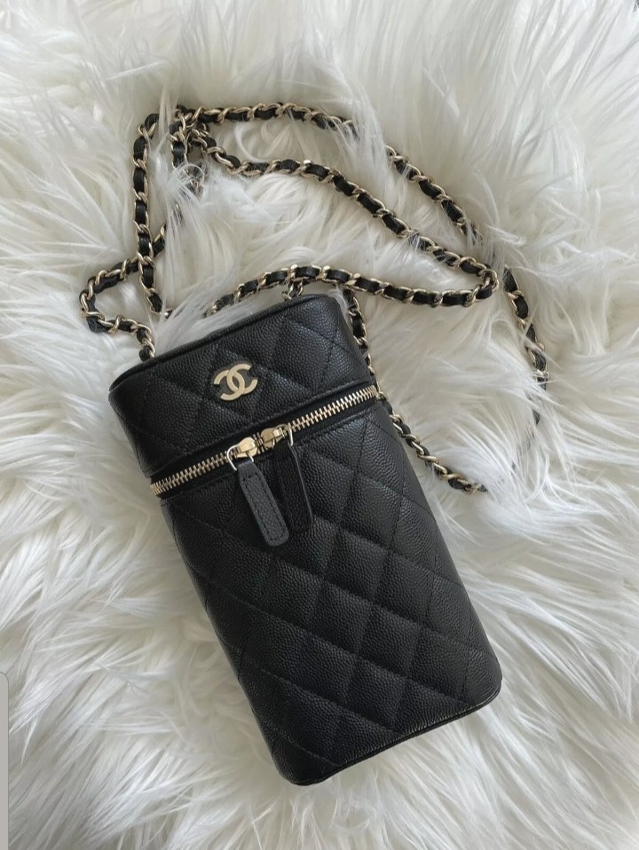 Chanel 2022 Vanity Phone Holder with Chain Black Caviar Leather