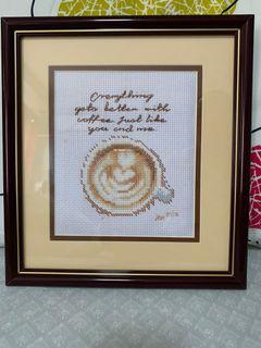 Framed finished Cross Stitch 'Coffee For You'