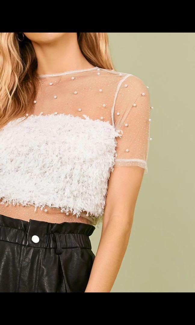 white pearl mesh top