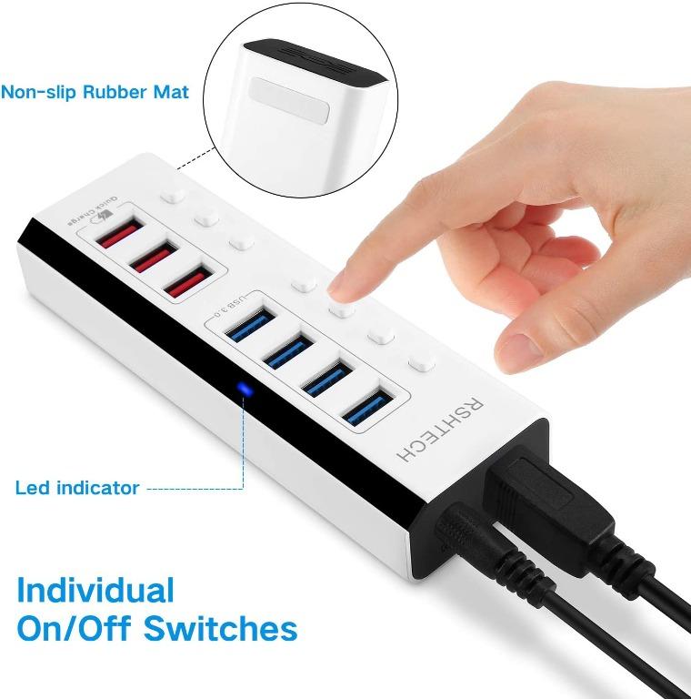 PRELOVED** RSHTECH Powered USB Hub 7 Port USB 3 Hub Extension (4 USB 3. ...