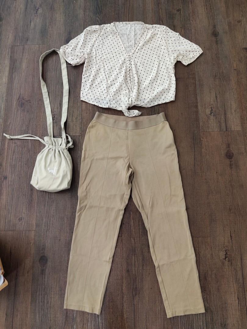 Set 3 Item Uniqlo Pants Polka Dots Blouse Sling Bag Women S Fashion Clothes Bottoms On Carousell