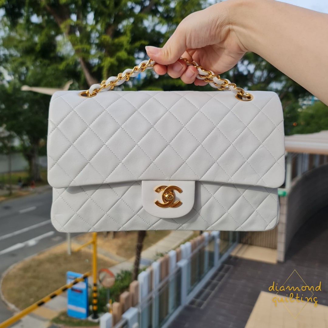 CHANEL WHITE CLASSIC FLAP MEDIUM LAMBSKIN BAG VINTAGE 24K GHW GOLD HARDWARE  WHITE DOUBLE FLAP SMALL, Luxury, Bags & Wallets on Carousell