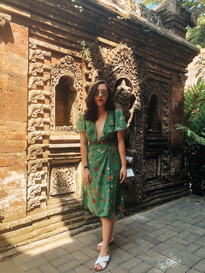 FOREVER 21 green floral long wrap dress