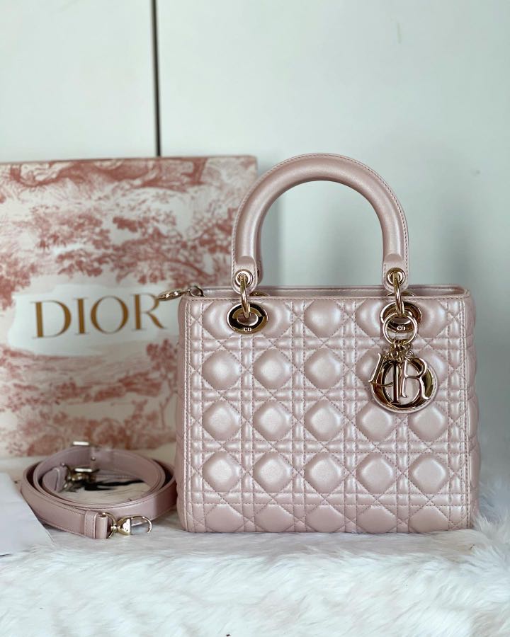 Authentic Christian Dior Lady Dior Medium In Lotus Pink Pearl GHW