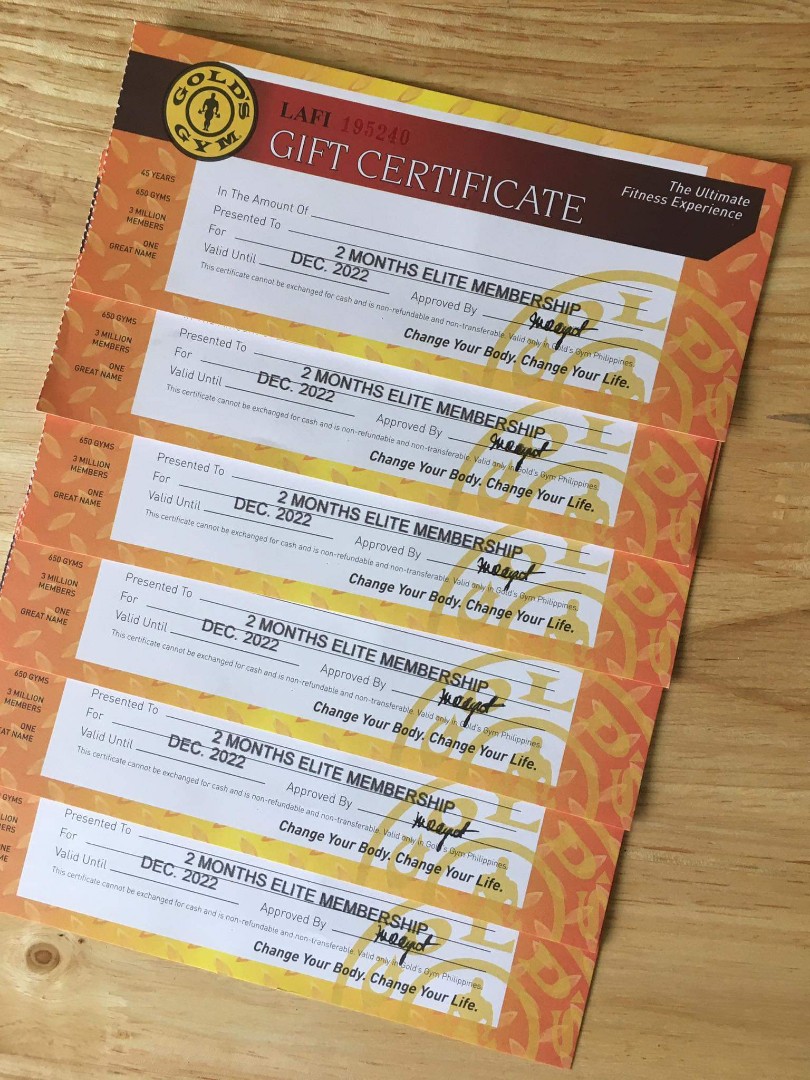 Gold's Gym Membership Certificate for Sale, Tickets & Vouchers, Store