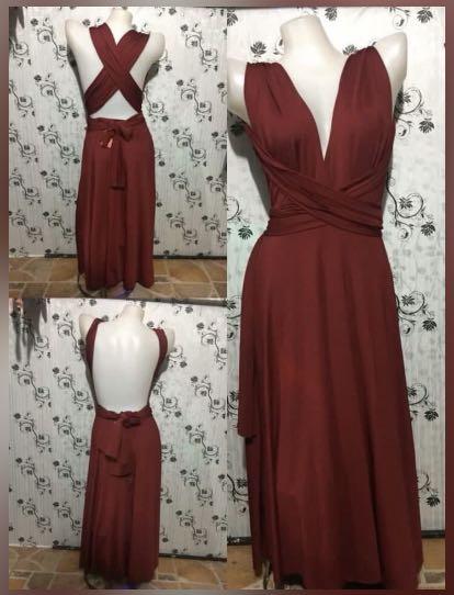 Infinity Dress Maroon/Burgundy Freesize (Category: Dresses) located in Bacoor. Submitted by bloooooooooooomfields (Listing ID 1072342614, Image 1). Description: Used once for a wedding Cod via Shopee plus 10 pesos.