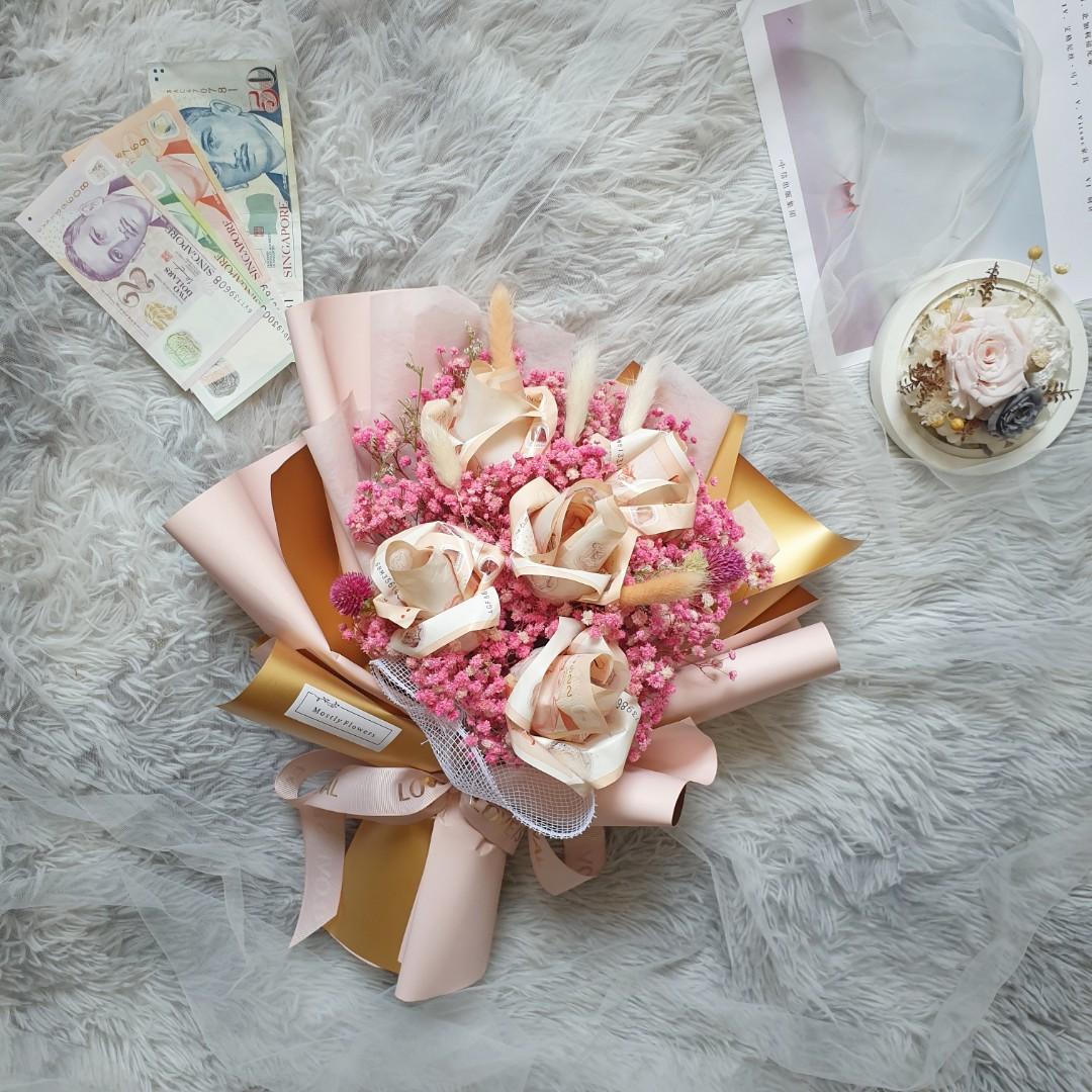 Foc Money Roses Bouquet With Preserved Baby Breath Money Bouquet 有钱