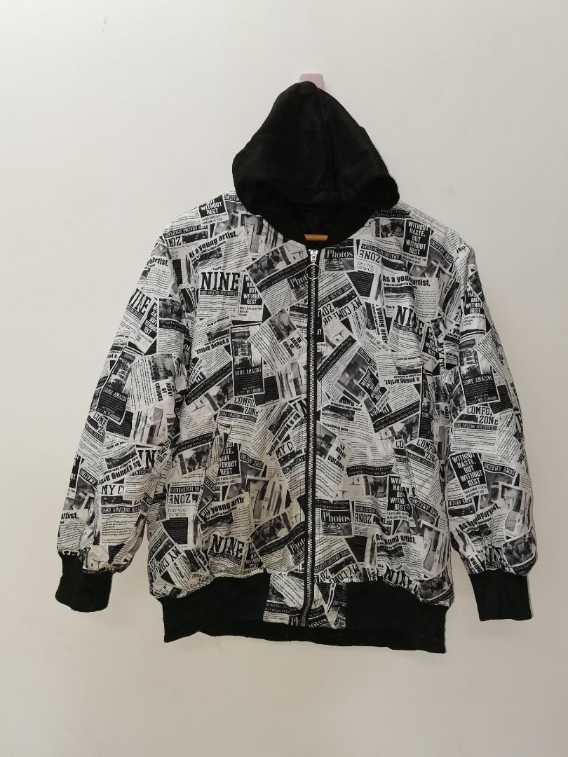 Newspaper Design Fullprint Hoodie Jacket, Men's Fashion, Tops & Sets
