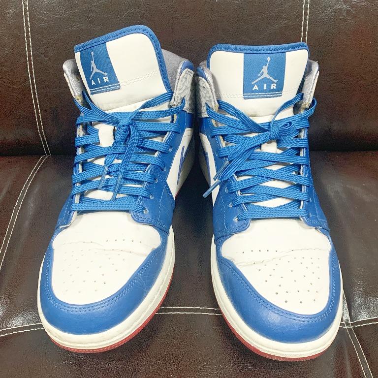 NIKE AIR JORDAN 1 RETRO HIGH MID AJ1 TRUE BLUE 爆裂紋 白藍紅配色 翅膀 喬丹 US9 27號  554724-107
